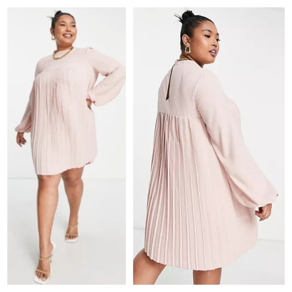 ASOS Curve Dresses & Skirts - ASOS Design Curve High Neck Pleated Trapeze Mini Dress - Blush